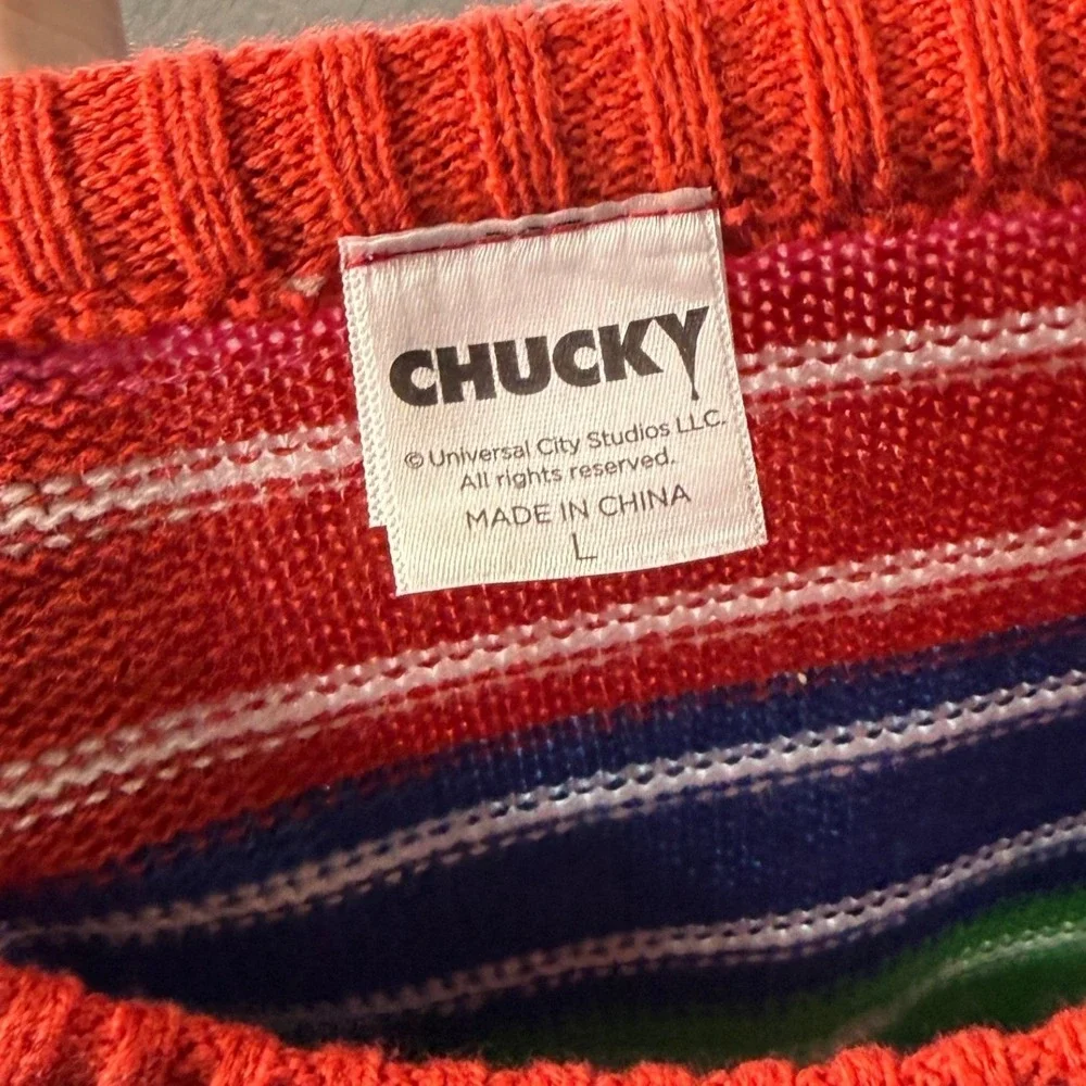 Chucky Good Guys Sweater Mens Large Multicolor Knit Distressed Horror Movie Y2K